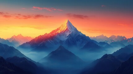 minimalist artwork showcasing a solitary mountain peak rising majestically against a gradient sky transitioning from warm hues to cooler tones evoking a sense of grandeur and calm