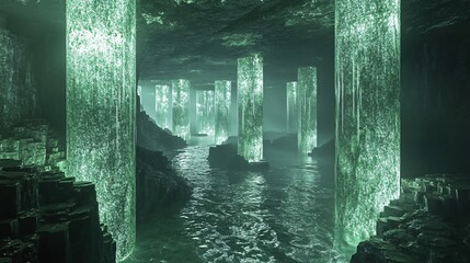 Wall Mural - a mystical green cave with glowing columns and a flowing river.