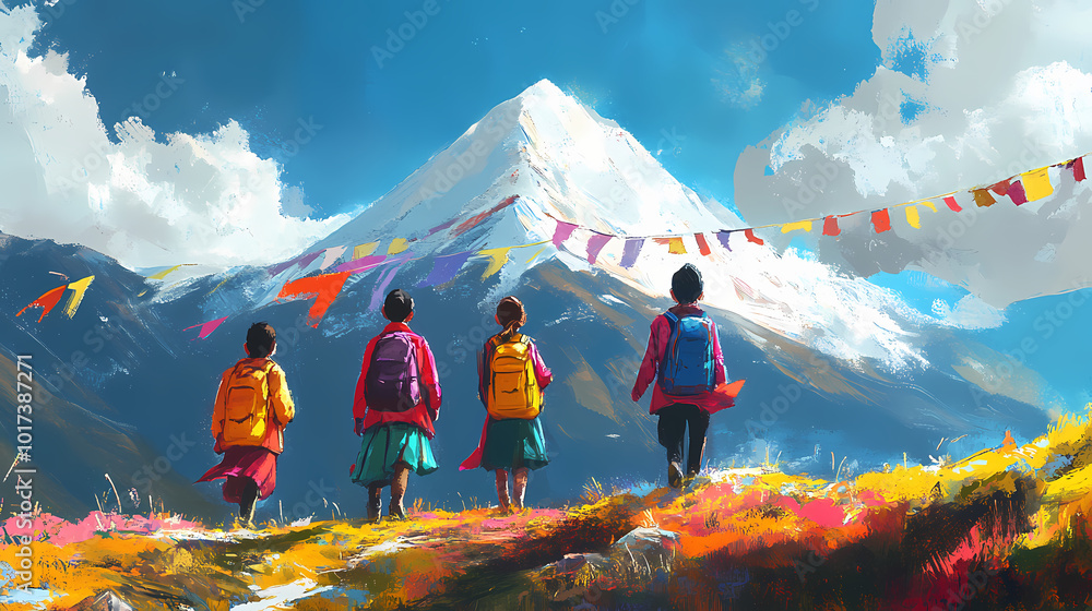 Children in colorful tibetan attire heading to school, prayer flags ...