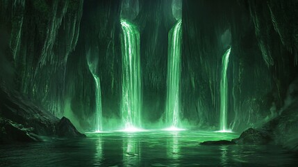 Wall Mural - a mystical green waterfall cascades down moss-covered cliffs into a tranquil pool.