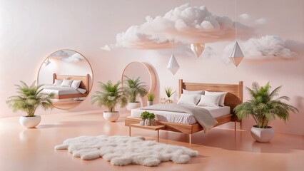 An enchanting bedroom filled with surreal furniture, imbued with ethereal charm, where imaginative designs blend seamlessly with dreamlike elements, creating a tranquil, magical oasis.