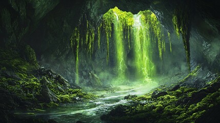 Wall Mural - a mystical green waterfall cascades into a river surrounded by lush greenery and fog.