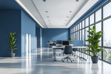 Fototapete - Modern office interior with blue walls and large windows overlooking the city.