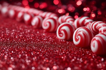 Red and White peppermint candy canes on red glitter background