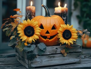 Sticker - Pumpkin decoration with candles and sunflowers on a wooden box with a smiling jack o lantern for autumn season