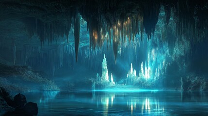 Wall Mural - a mystical underground lake surrounded by tall stalactites with a soft blue glow.