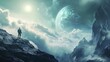 © Phoophinyo - A space explorer standing on a Super-Earth planet, gazing at the immense landscape of towering plateaus and sprawling forests, with the faint light of a distant sun filtering through thick clouds.