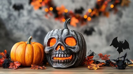 Canvas Print - Halloween composition with decorations including a skull garland and pumpkin