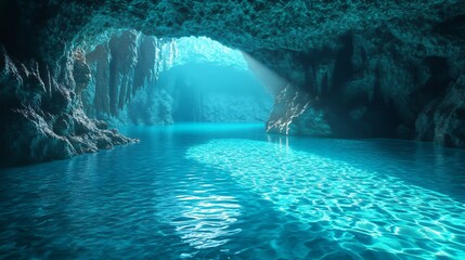 Wall Mural - a picturesque view of a calm, turquoise-blue lagoon nestled within a cave, with sunlight filtering t