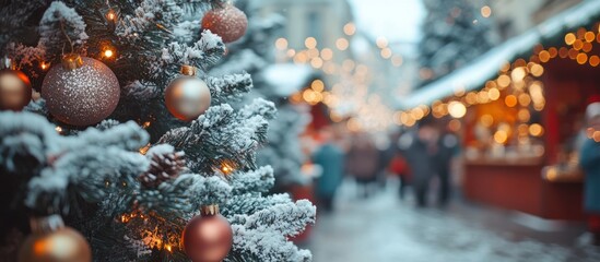 Wall Mural - Close-up of a snow-covered Christmas tree with ornaments and lights in a festive outdoor market.