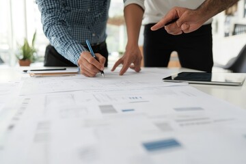 Poster - Close-up of two hands pointing at a diagram on a white table with a tablet and pencils.