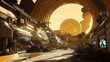 © Phoophinyo - An overview of a space colony inside a massive rotating ring structure orbiting a distant star, where civilians live in an artificial environment with simulated gravity and atmospheric control.