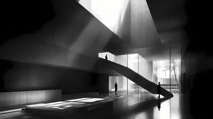 Dramatic, monochrome architectural photography highlighting the play of light and shadow in a modern building, documentary, visual impact. Light and Shadow Play. Illustration