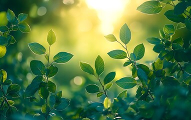 Poster - A tranquil scene of green leaves illuminated by soft sunlight, creating a calming and refreshing atmosphere in a natural setting.
