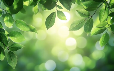 Poster - Lush green leaves with droplets, illuminated by soft light, creating a peaceful and refreshing natural atmosphere.