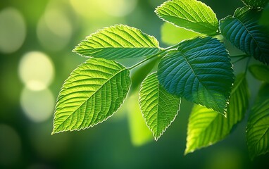 Poster - Lush green leaves glisten in soft sunlight, creating a serene, natural atmosphere with a blurred background of vibrant greenery.