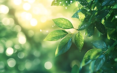 Poster - A serene close-up of vibrant green leaves glistening with water droplets, illuminated by soft sunlight, evoking a sense of freshness and tranquility.