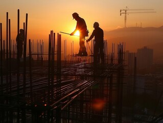 Construction workers silhouetted against a sunset on a building site with steel bars and crane in the background.