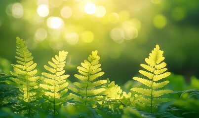 Lush green ferns bask in soft sunlight, creating a serene atmosphere with blurred, glowing background bokeh effects.