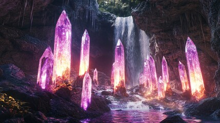 Wall Mural - a waterfall flows into a pool of water in a cave surrounded by glowing crystals.