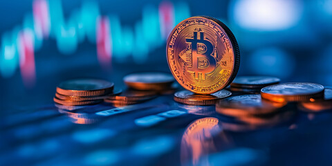 Poster - Bitcoin is standing on a pile of coins with stock market charts in the background