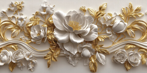 Aufkleber - 3d illustration of white and gold floral ornament on a white background