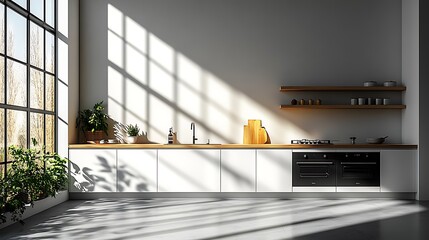 Wall Mural - Modern kitchen with white cabinets, wooden countertops, and large windows. The sun shines through the windows casting shadows on the floor.