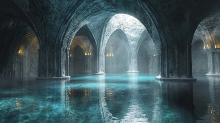 Wall Mural - an ancient stone structure, a forgotten hall with an underwater base.