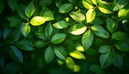 Poster - Lush green leaves basking in soft sunlight create a serene, natural backdrop, showcasing vibrant textures and shades of greenery.