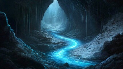 Wall Mural - an ethereal river flows through a dark, icy cave, creating a stunning blue glow.