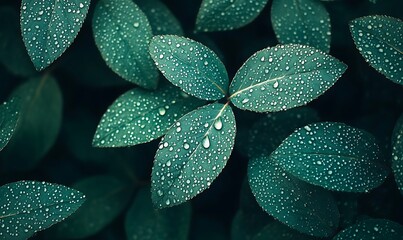 Poster - A close-up of green leaves adorned with raindrops, showcasing their vibrant texture and the refreshing essence of nature.