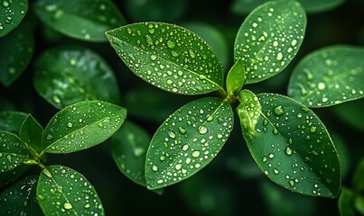 Poster - Close-up of green leaves adorned with water droplets, showcasing nature’s beauty and the refreshing feel of rain on foliage.