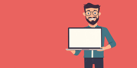 Poster - Smiling bearded hipster showing laptop with blank screen