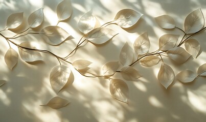 Poster - A delicate arrangement of light-toned leaves casting shadows on a soft background, creating an ethereal and serene atmosphere.