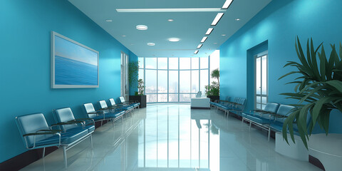 Poster - Modern waiting room with blue seats facing large windows
