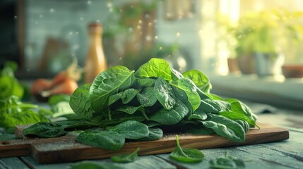 Wall Mural - a pile of green leaves sitting on top of a wooden cutting board