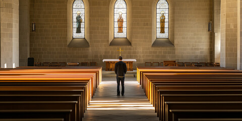 Wall Mural - Lonely man praying in church with stained glass windows