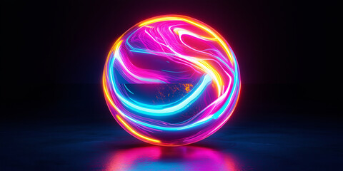 Poster - Abstract sphere glowing with neon light trails reflecting on surface