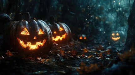 Wall Mural - halloween pumpkin lanterns in dark and spooky settings