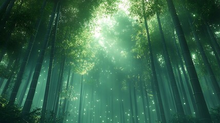 Poster - Sunbeams through a dense bamboo forest with mist.