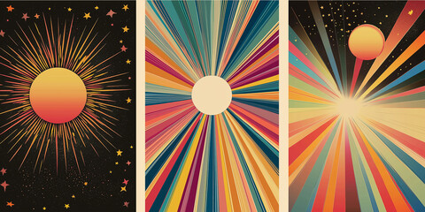 Poster - Set of abstract retro backgrounds with sun and planets radiating light beams