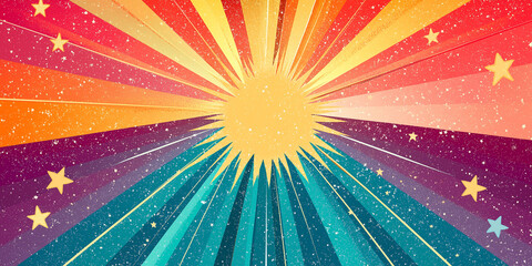 Poster - Bright sun shining over colorful retro background with stars