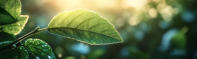 Poster - A close-up of a dew-covered green leaf illuminated by soft sunlight, showcasing nature's beauty and tranquility.