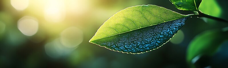 Poster - A close-up of a dew-covered leaf glistening in sunlight, showcasing vibrant green hues and nature's beauty.
