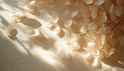 Poster - Delicate petals scatter softly across a sunlit surface, casting gentle shadows and creating an ethereal, serene ambiance.