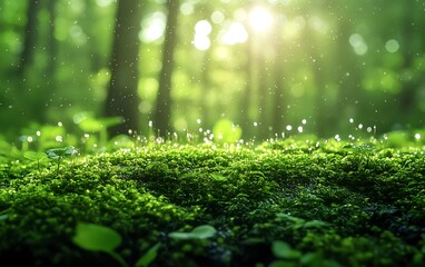 Leinwandbilder - A serene forest scene with soft sunlight filtering through trees, highlighting dew-covered moss, creating a tranquil and lush atmosphere.