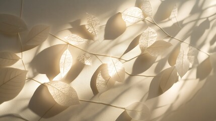 Poster - A soft, ethereal arrangement of translucent leaves casting delicate shadows against a light-colored background.