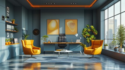 Sticker - Elegant Office Design: A sophisticated and stylish office space with high-quality furniture and decor, perfect for business illustrations and professional themes. High resolution Illustration, in the