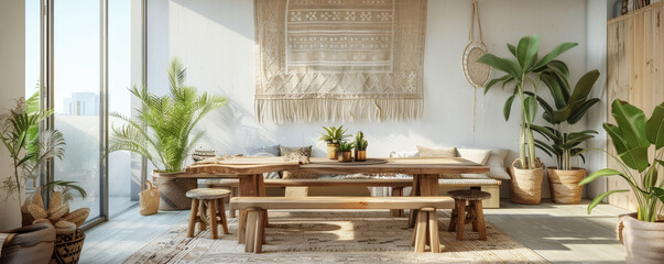 Wall Mural - minimal bohemian dining area featuring large wooden table surrounded by plants and natural decor. space exudes warmth and tranquility, perfect for gatherings