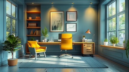 Sticker - Professional Office Space: A well-organized office with modern furniture and a professional atmosphere, suitable for business-related illustrations and corporate themes. High resolution Illustration,